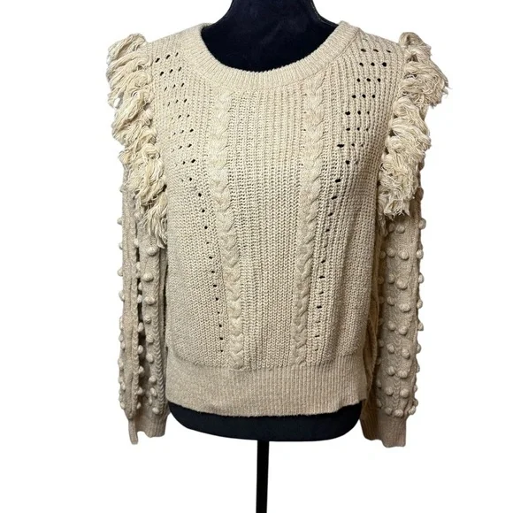 Cleobella | Lima Knit Sweater with Fringe and Pom Pom Sleeves | Sz M - Picture 4 of 12